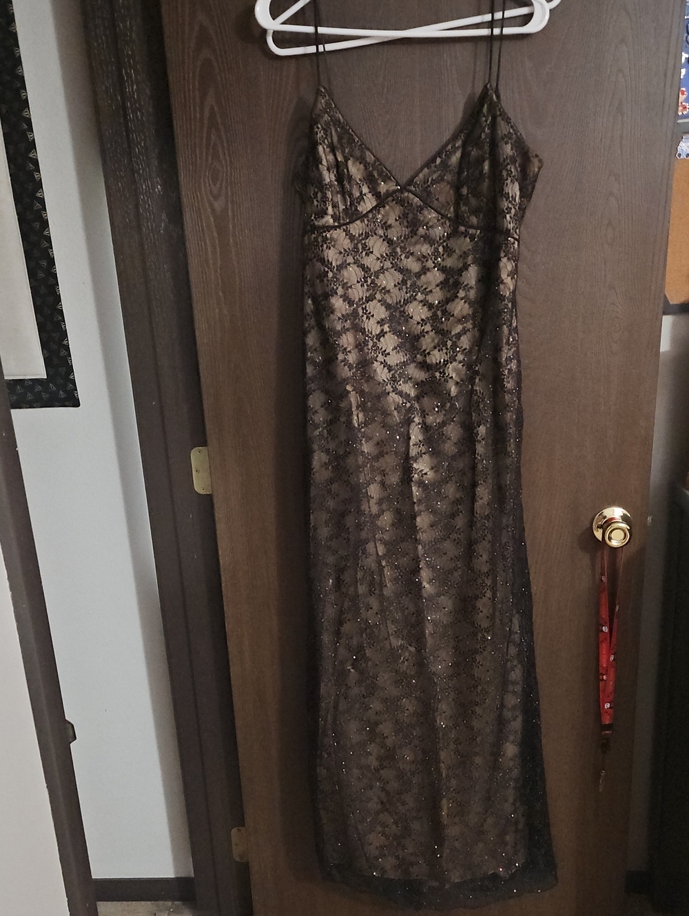 Dave & Johnny Brown Lace Overlay Prom Dress